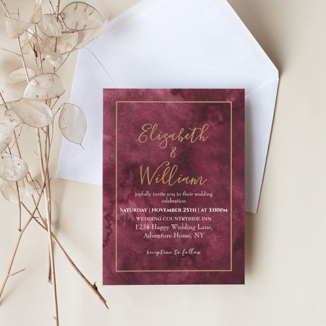 Elegant Burgundy and Gold Watercolor Wedding  Invi Invitation (Creator Uploaded)
