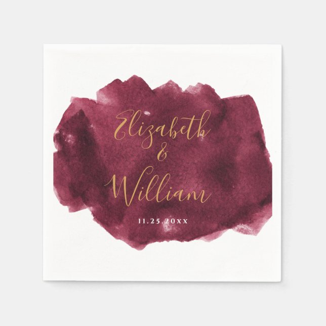 Elegant Burgundy and Gold Watercolor Wedding  Napk Napkins (Front)