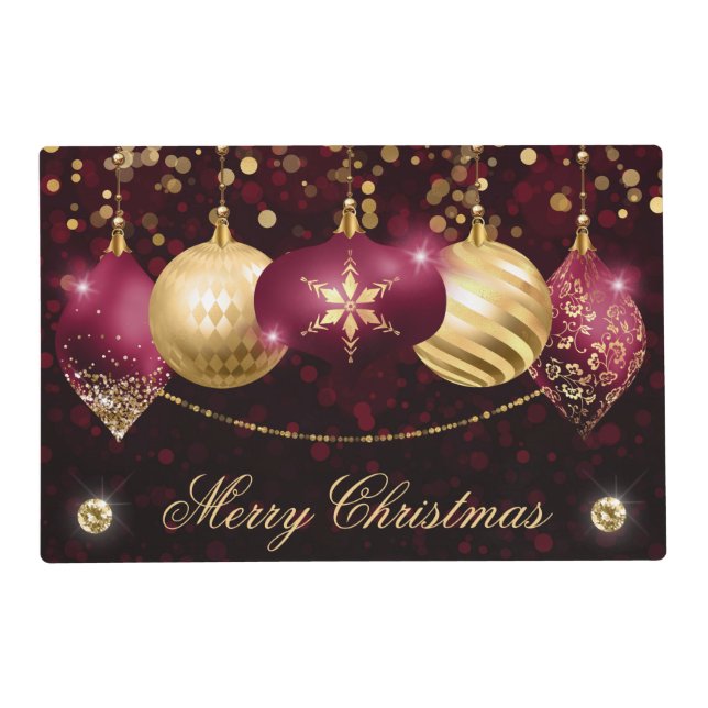 Elegant Burgundy and Gold Winter Baubles Christmas Placemat (Front)