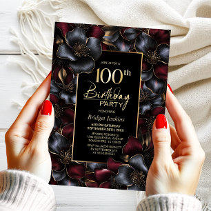 Elegant Burgundy and Grey Floral 100th Birthday Invitation