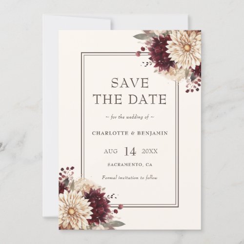Elegant Burgundy and Ivory Floral Wedding Save The Date