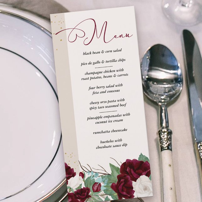 Elegant Burgundy and Ivory Roses Floral Menu (Menu with burgundy red and ivory roses and elegant calligraphy)