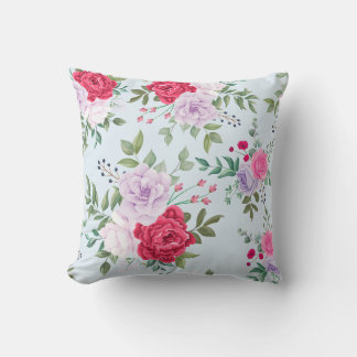 Elegant Burgundy and Lilac Roses Floral Throw Pillow