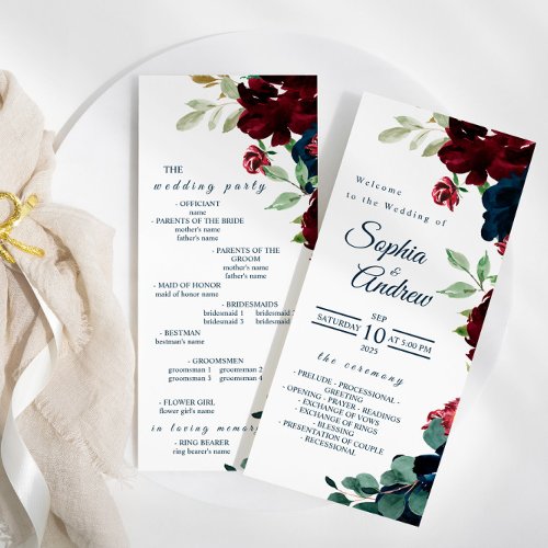 Elegant Burgundy and Navy Blue Flowers Wedding Program