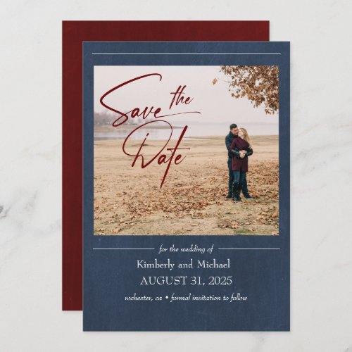 Elegant Burgundy and Navy Blue Save the Date Photo