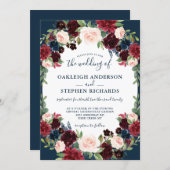 Elegant Burgundy and Navy Floral Wedding Invitation (Front/Back)