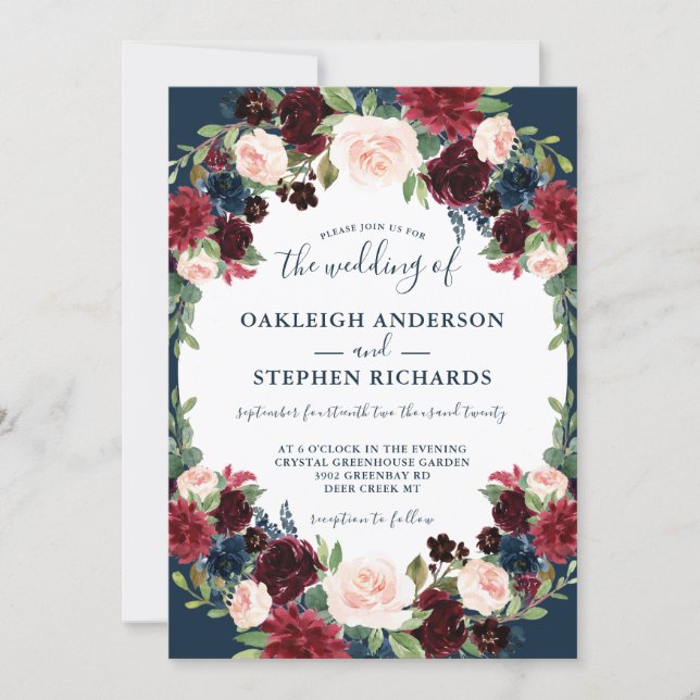 Elegant Burgundy and Navy Floral Wedding Invitation (Front)
