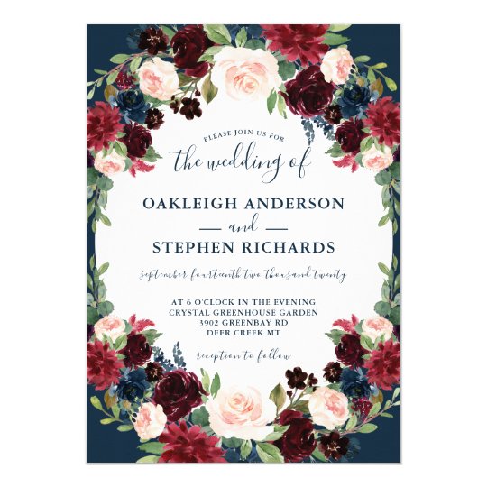 Elegant Burgundy and Navy Floral Wedding Invitation | Zazzle.com