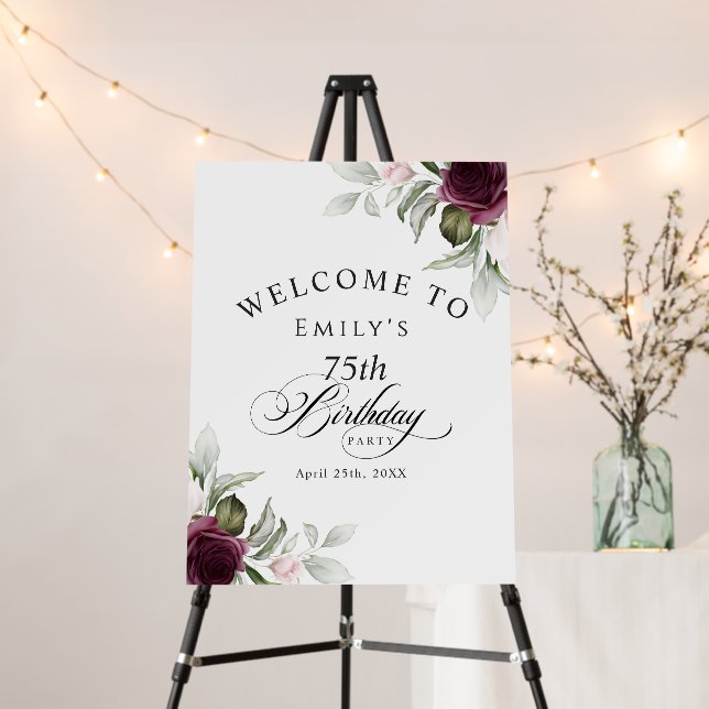Elegant Burgundy and Pink Floral 75th Birthday Foam Board (In Situ (Stand))