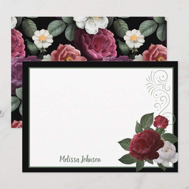 Elegant Burgundy and Pink Floral Personalized Note Card (Front/Back)