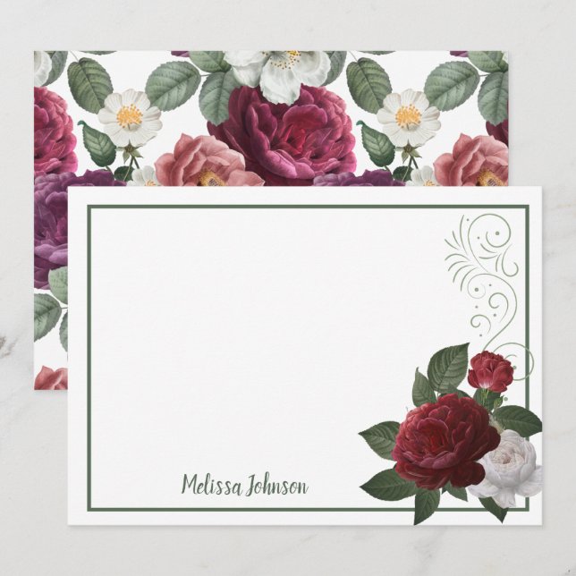 Elegant Burgundy and Pink Floral Roses Note Card (Front/Back)