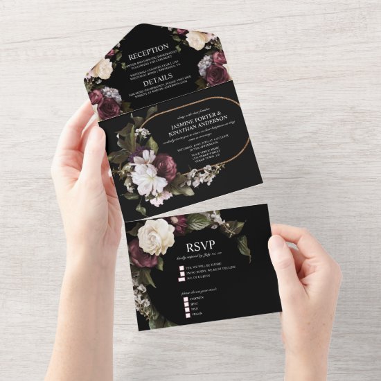 Elegant Burgundy and Pink Floral Wedding All In One Invitation