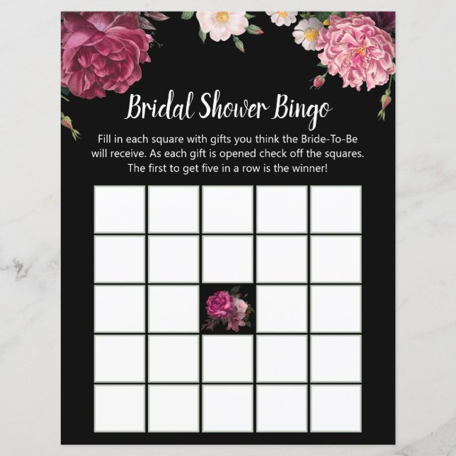 Elegant Burgundy and Pink Flowers Bridal Bingo (Front)