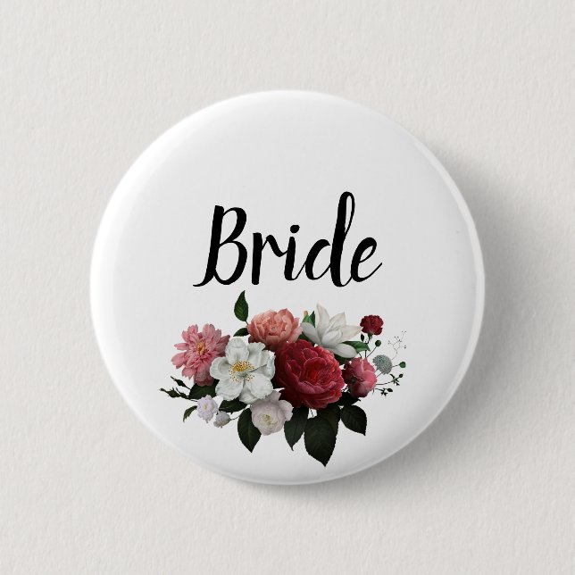 Elegant Burgundy and Pink Flowers Bride Button (Front)