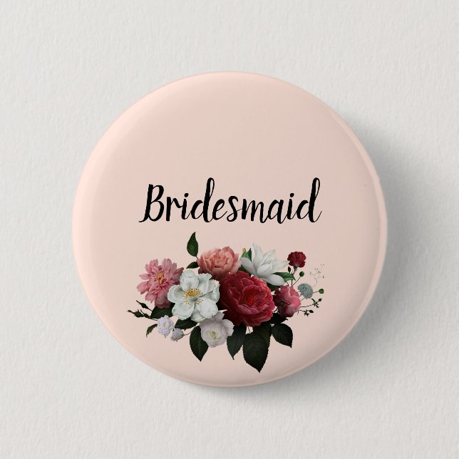 Elegant Burgundy and Pink Flowers Bridesmaid Button (Front)