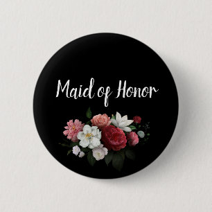 Elegant Burgundy and Pink Flowers Maid of Honor Button