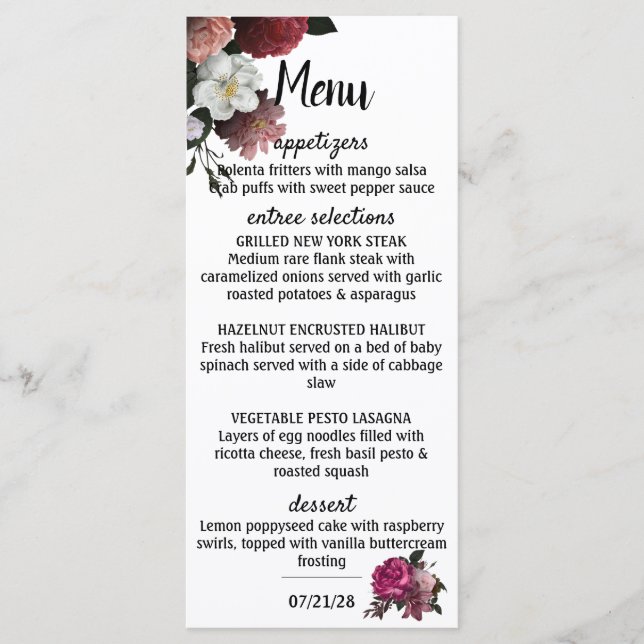 Elegant Burgundy and Pink Flowers Menu (Front)