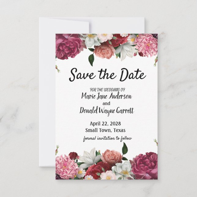 Elegant Burgundy and Pink Flowers Save The Date (Front)