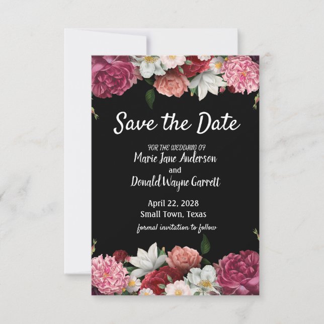 Elegant Burgundy and Pink Flowers Save the Date (Front)