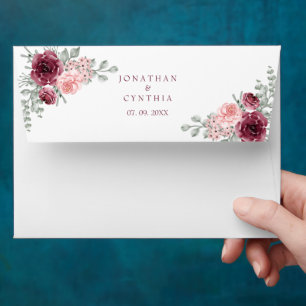 Elegant Burgundy and Pink Rose Watercolor Wedding Envelope