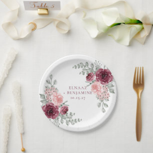 Elegant Burgundy and Pink Rose Watercolor Wedding Paper Plates