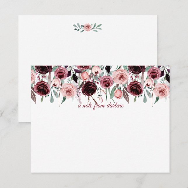 Elegant Burgundy and Pink Watercolor Roses | Note Card (Front/Back)