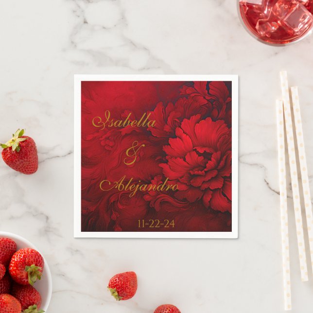 Elegant Burgundy and Red Floral Wedding  Napkins (Insitu)
