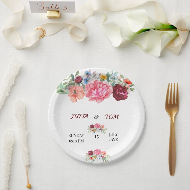 Elegant Burgundy and Rosy Floral Paper Plates (Wedding)