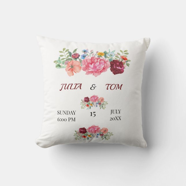 Elegant Burgundy and Rosy Floral Throw Pillow (Front)