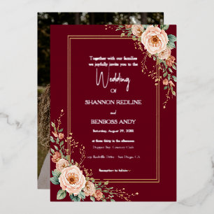 Elegant Burgundy and Silver blush floral wedding Foil Invitation