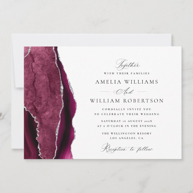 elegant burgundy and silver calligraphy wedding invitation (Front)