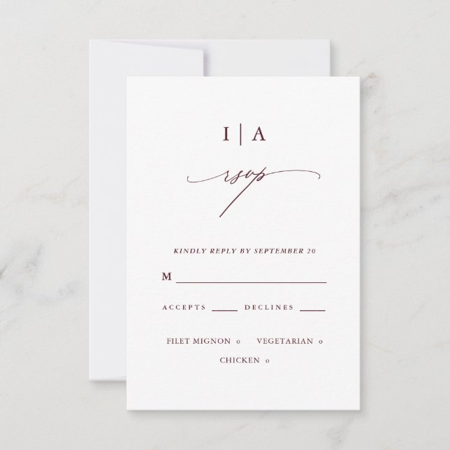 Elegant Burgundy and White Monogram Wedding Rsvp (Front)
