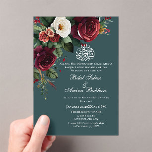 Elegant Burgundy and White Roses Floral Islamic Acrylic Invitations