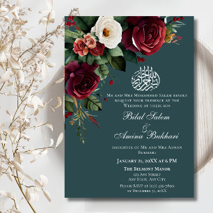 Elegant Burgundy and White Roses Floral Islamic Invitation
