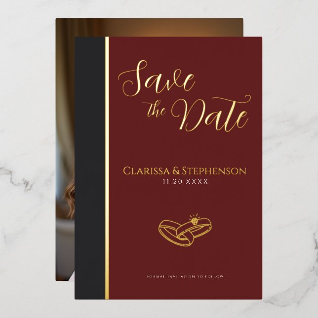 Elegant Burgundy Anthracite Photo Save The Date Foil Invitation (Front/Back)