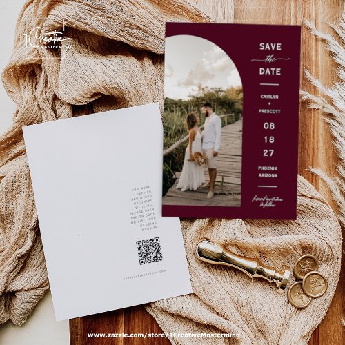 Elegant Burgundy Arch Photo QR Code Save the Date Invitation