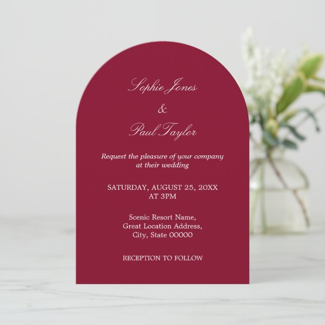 Elegant Burgundy Arch Wedding Invitation (Standing Front)
