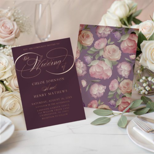 Elegant Burgundy &amp; Arty Floral Wedding Foil Invitation