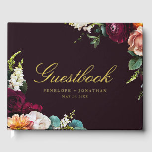 Elegant Burgundy Autumn Floral Gold Script Wedding Foil Guest Book