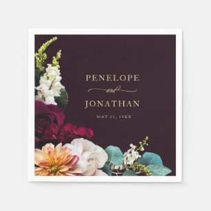 Elegant Burgundy Autumn Floral Gold Script Wedding Napkins