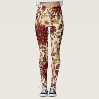 Elegant Burgundy Autumn Floral Leggings