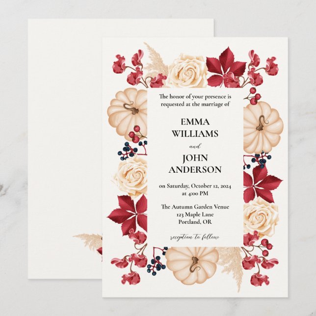 Elegant Burgundy Autumn Floral Wedding Invitation (Front/Back)