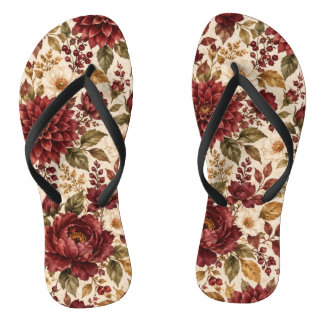 Elegant Burgundy Autumn Floral Women's Flip Flops