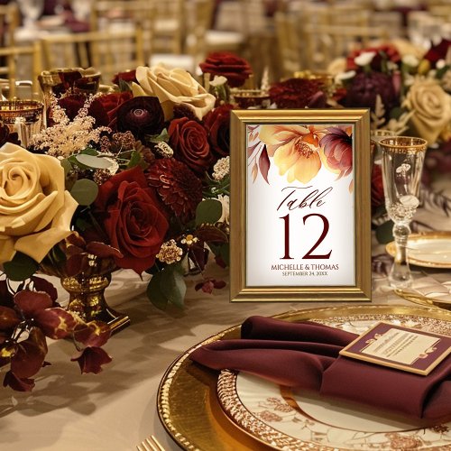 Elegant Burgundy Autumn Watercolor Floral Table Number