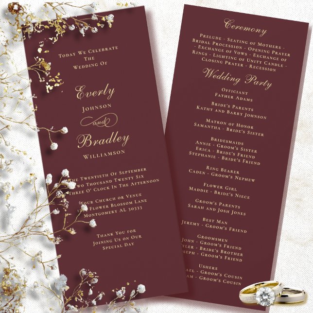 Elegant Burgundy Background Gold Wedding Program (Creator Uploaded)
