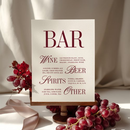 Elegant Burgundy Bar Menu Drinks Wedding Tabletop