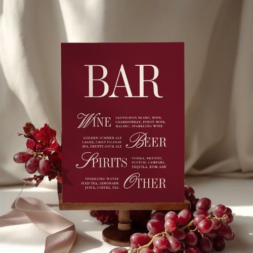 Elegant Burgundy Bar Menu Drinks Wedding Tabletop