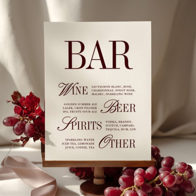 Elegant Burgundy Bar Menu Drinks Wedding Tabletop  (Elegant Burgundy Bar Menu Drinks Wedding Tabletop)
