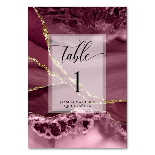Elegant Burgundy Berry and Gold Agate Table Number