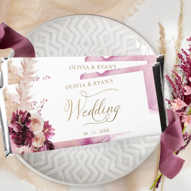 Elegant Burgundy Berry and Pink Floral Wedding Hershey Bar Favors (Creator Uploaded)